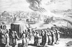 The covered ark with golden staves carried by the priests, and seven priests with rams' horns, at the siege of Jericho, in an eighteenth-century artist's depiction.